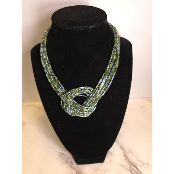 Multicolor Beaded Twisted Knot Necklace With Adjustable Chain Green & Blue Tones - Picture 3 of 7